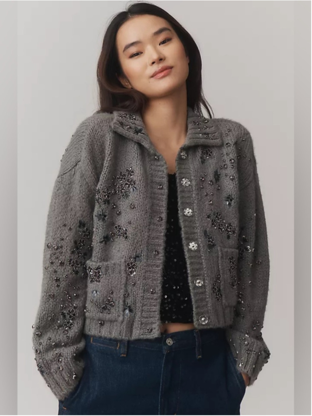 Pilcro Embellished Floral Collared Cardigan Sweater Grey Medium Anthropologie